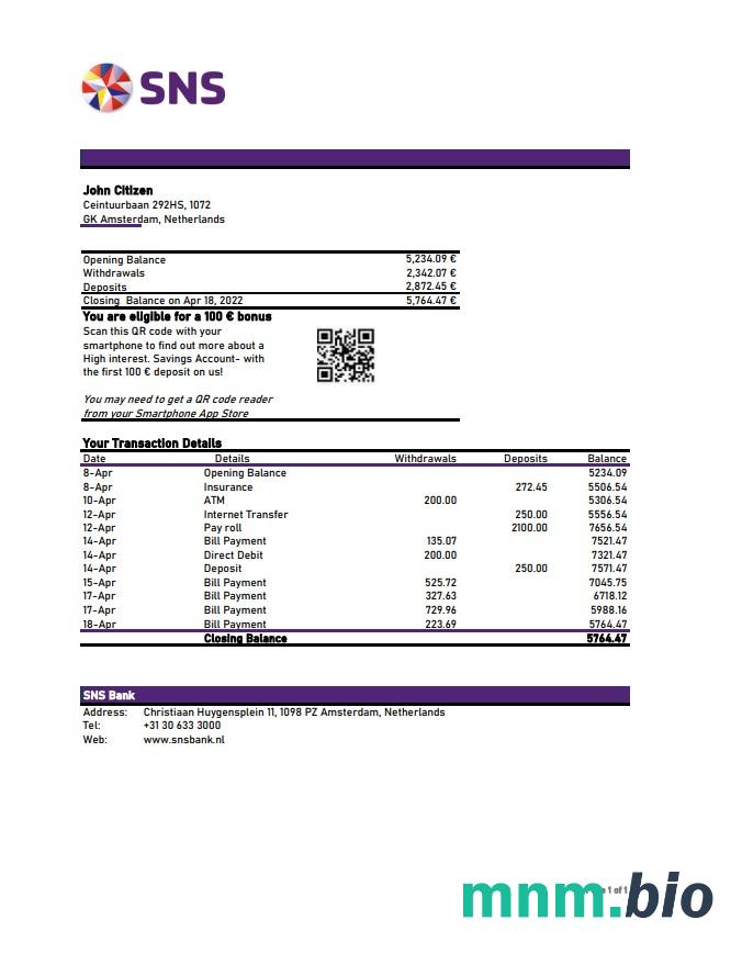 Netherlands SNS wyciąg bankowy Excel and PDF template